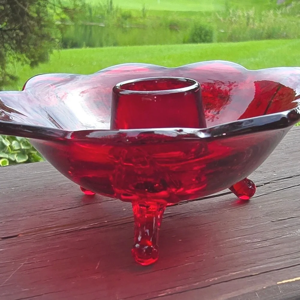 Vintage Ruby Red Glass 3 Footed Candle Holder Dish Scalloped Petal Rim